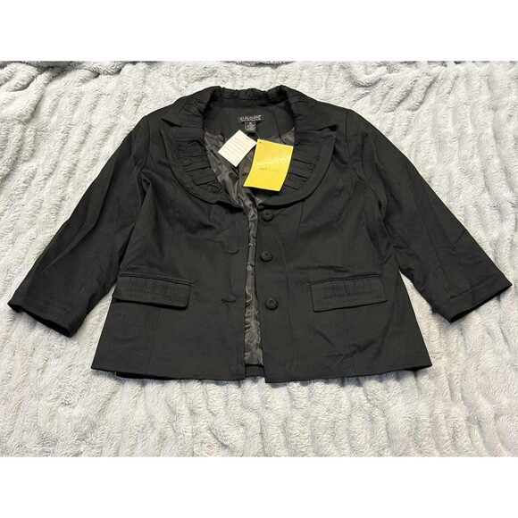 Dialogue Blazer Womens XL Black Textured Ruffle Collar 3/4 Sleeve Button NWT - Picture 1 of 9